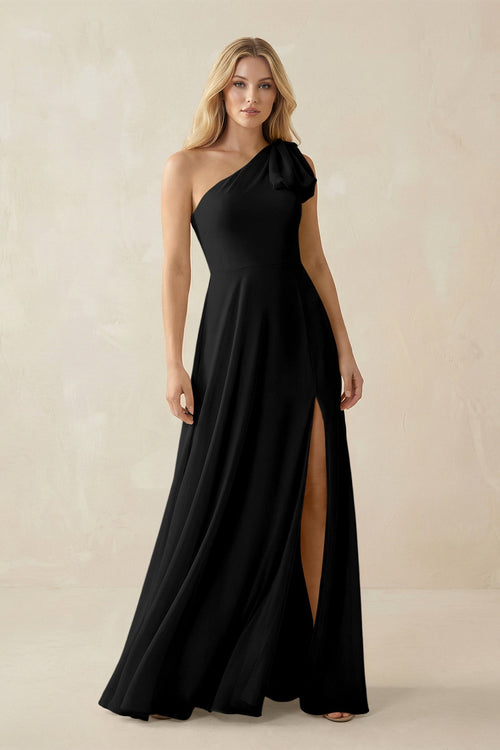 Ruffled One Shoulder Chiffon Bridesmaid Dress With Slit in Black - SHE IS ME BRIDESMAID DRESSES