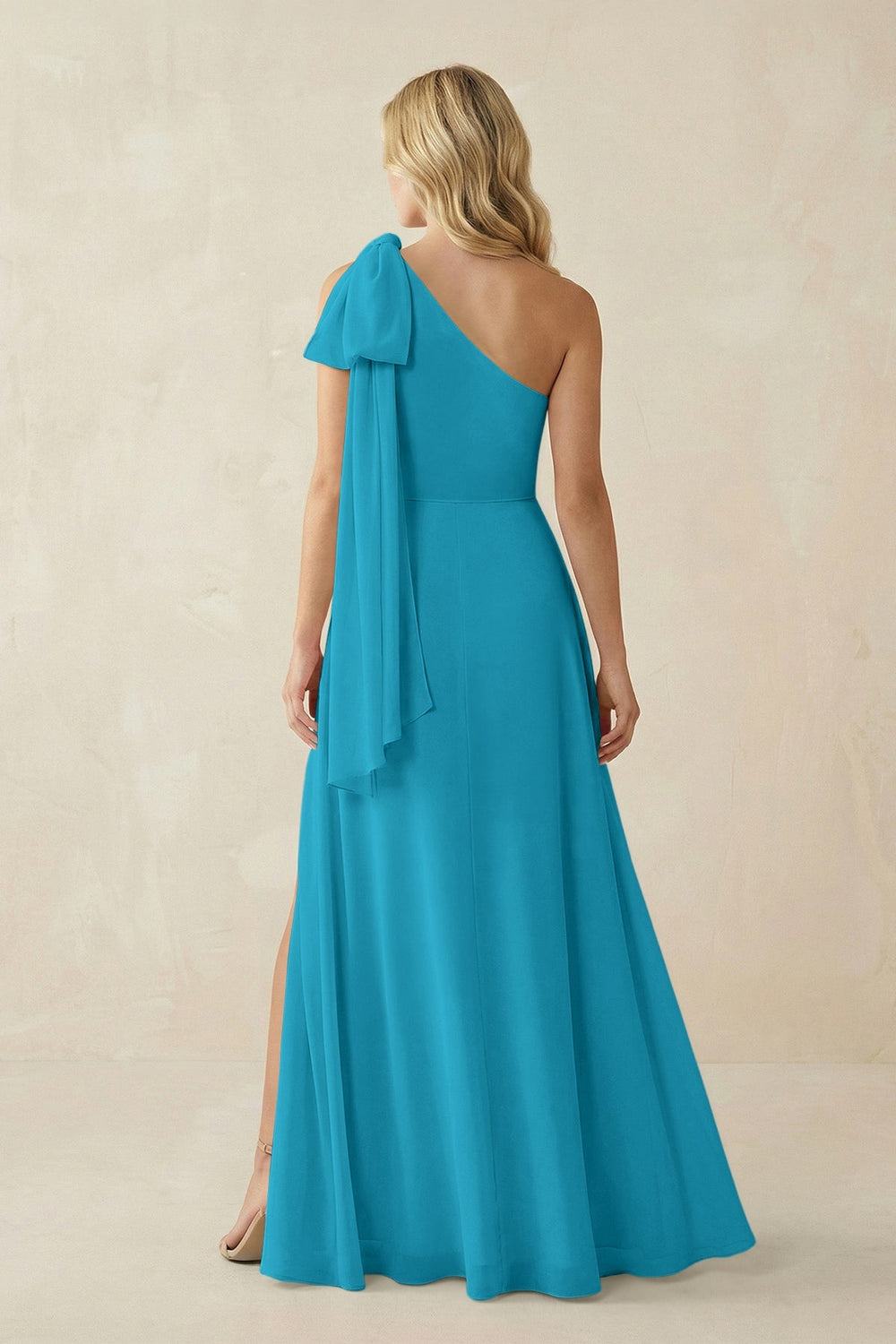 Ruffled One Shoulder Chiffon Bridesmaid Dress With Slit in Blue Jay - KISS BRIDAL BRIDESMAID DRESSES