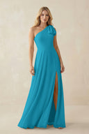 Ruffled One Shoulder Chiffon Bridesmaid Dress With Slit in Blue Jay - SHE IS ME BRIDESMAID DRESSES