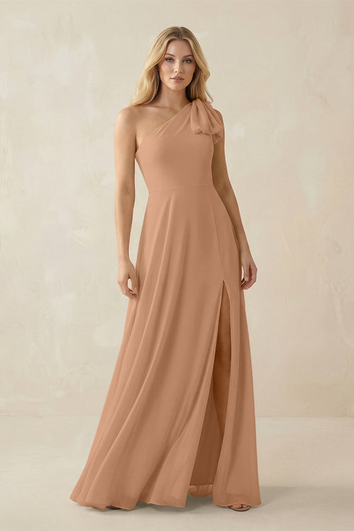 Ruffled One Shoulder Chiffon Bridesmaid Dress With Slit in Bronzer - SHE IS ME BRIDESMAID DRESSES