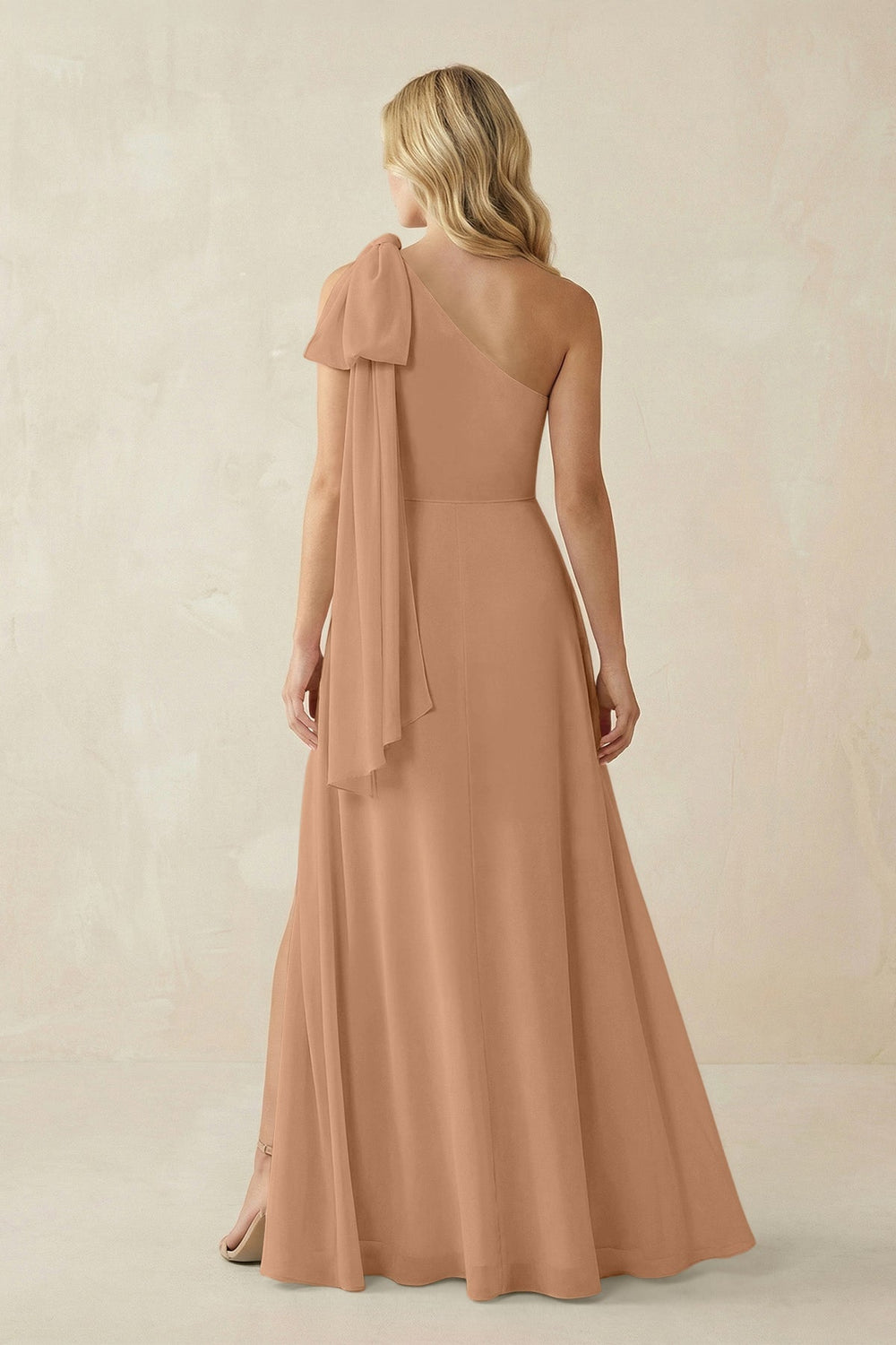 Ruffled One Shoulder Chiffon Bridesmaid Dress With Slit in Bronzer - KISS BRIDAL BRIDESMAID DRESSES