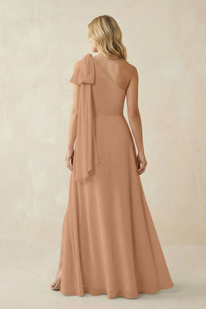Ruffled One Shoulder Chiffon Bridesmaid Dress With Slit in Bronzer - SHE IS ME BRIDESMAID DRESSES