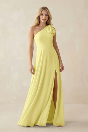 Ruffled One Shoulder Chiffon Bridesmaid Dress With Slit in Buttercup - SHE IS ME BRIDESMAID DRESSES
