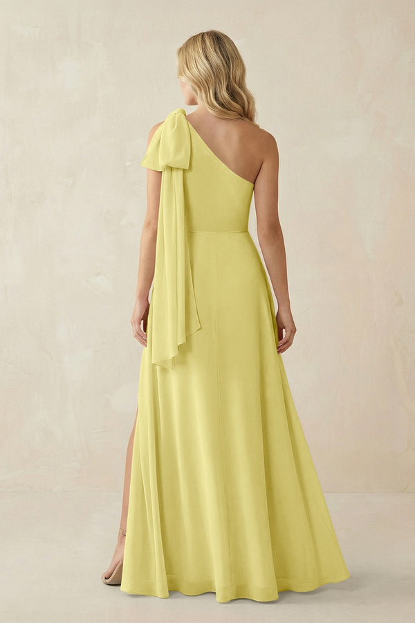 Ruffled One Shoulder Chiffon Bridesmaid Dress With Slit in Buttercup - SHE IS ME BRIDESMAID DRESSES