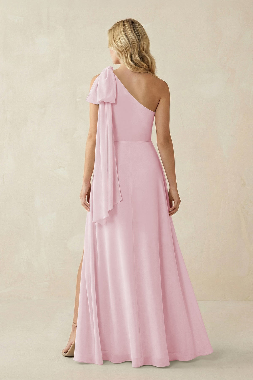 Ruffled One Shoulder Chiffon Bridesmaid Dress With Slit in Candy Pink - KISS BRIDAL BRIDESMAID DRESSES