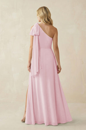 Ruffled One Shoulder Chiffon Bridesmaid Dress With Slit in Candy Pink - SHE IS ME BRIDESMAID DRESSES