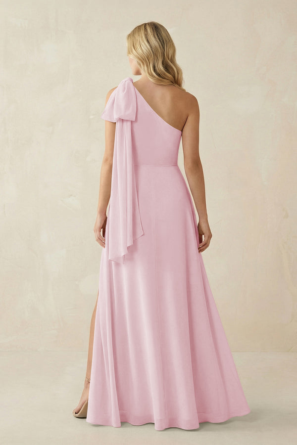 Ruffled One Shoulder Chiffon Bridesmaid Dress With Slit in Candy Pink - SHE IS ME BRIDESMAID DRESSES