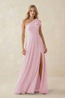 Ruffled One Shoulder Chiffon Bridesmaid Dress With Slit in Candy Pink - SHE IS ME BRIDESMAID DRESSES