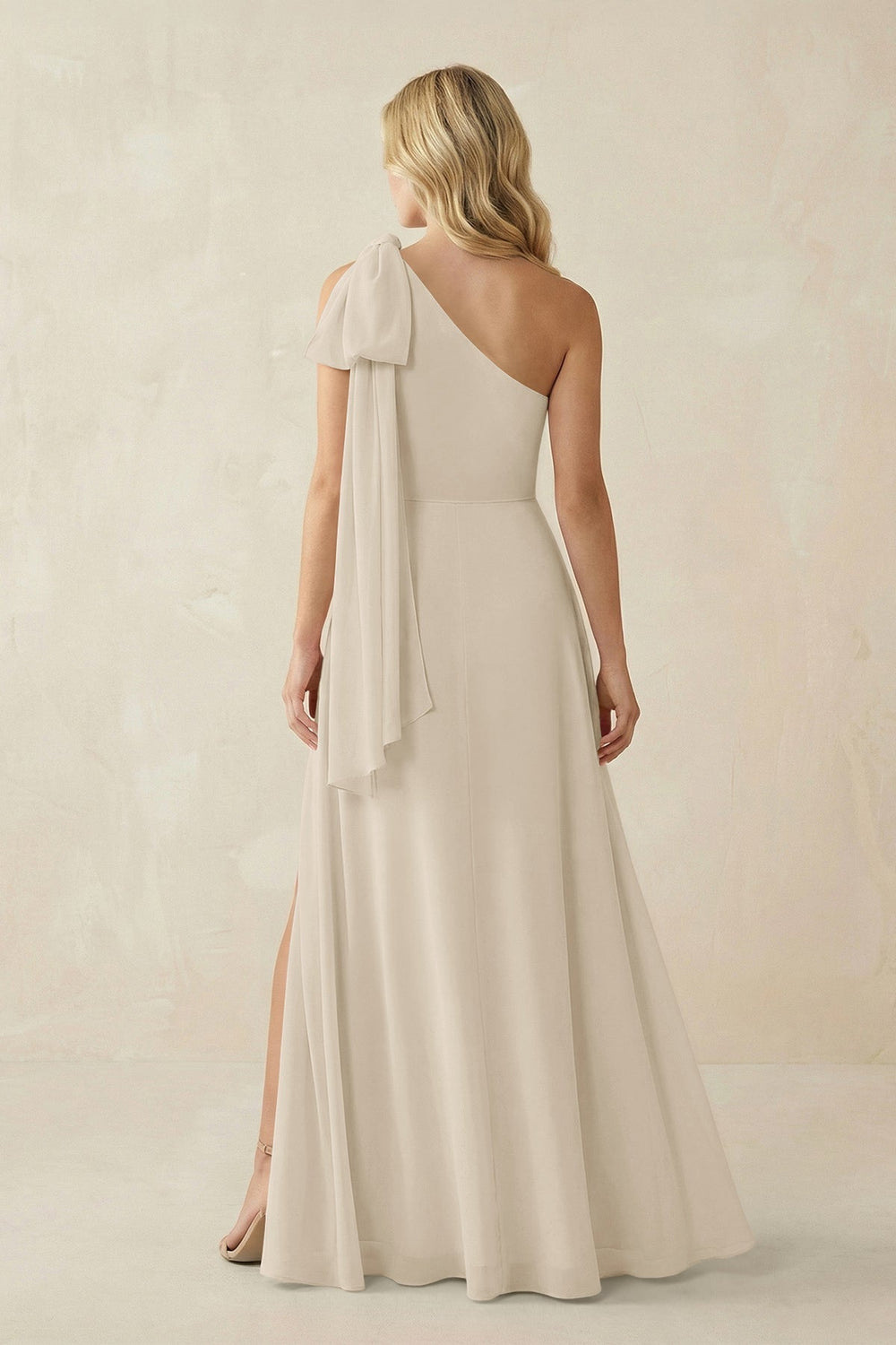 Ruffled One Shoulder Chiffon Bridesmaid Dress With Slit in Champagne - KISS BRIDAL BRIDESMAID DRESSES