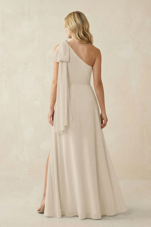 Ruffled One Shoulder Chiffon Bridesmaid Dress With Slit in Champagne - SHE IS ME BRIDESMAID DRESSES