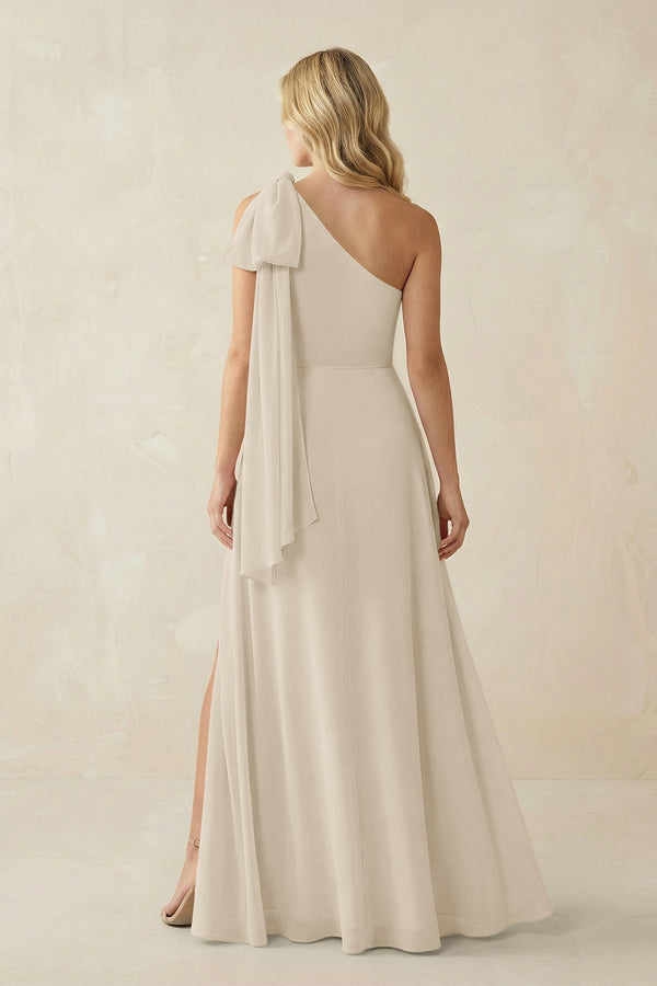 Ruffled One Shoulder Chiffon Bridesmaid Dress With Slit in Champagne - SHE IS ME BRIDESMAID DRESSES