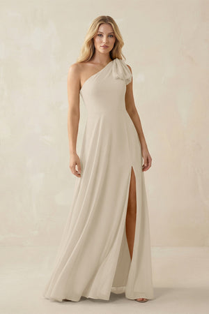 Ruffled One Shoulder Chiffon Bridesmaid Dress With Slit in Champagne - SHE IS ME BRIDESMAID DRESSES