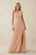 Ruffled One Shoulder Chiffon Bridesmaid Dress With Slit in Champagne Rose - SHE IS ME BRIDESMAID DRESSES
