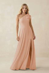 Ruffled One Shoulder Chiffon Bridesmaid Dress With Slit in Champagne Rose - KISS BRIDAL BRIDESMAID DRESSES
