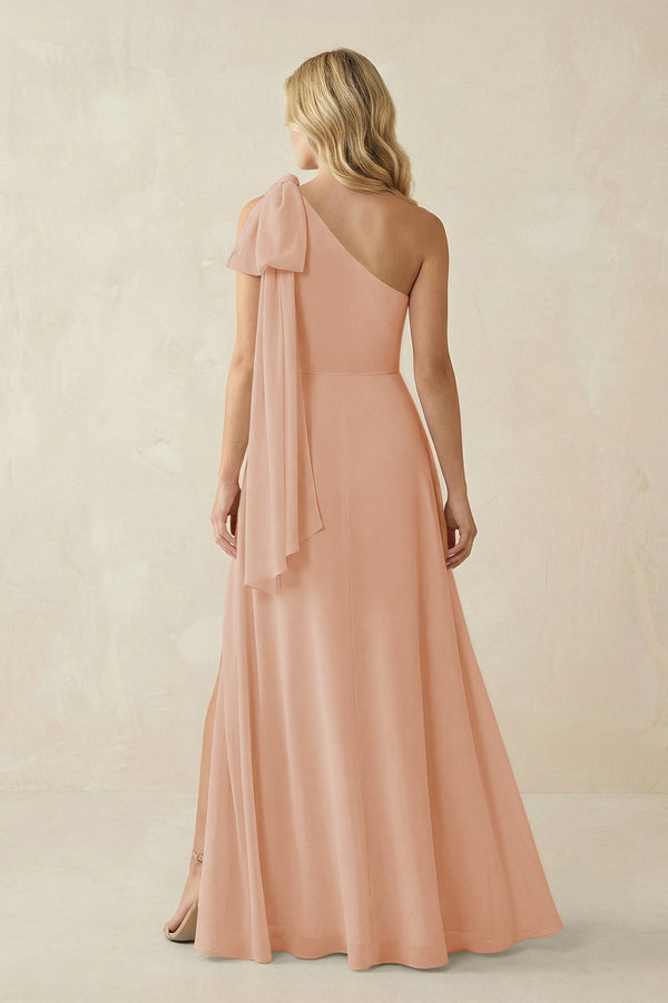 Ruffled One Shoulder Chiffon Bridesmaid Dress With Slit in Champagne Rose - SHE IS ME BRIDESMAID DRESSES