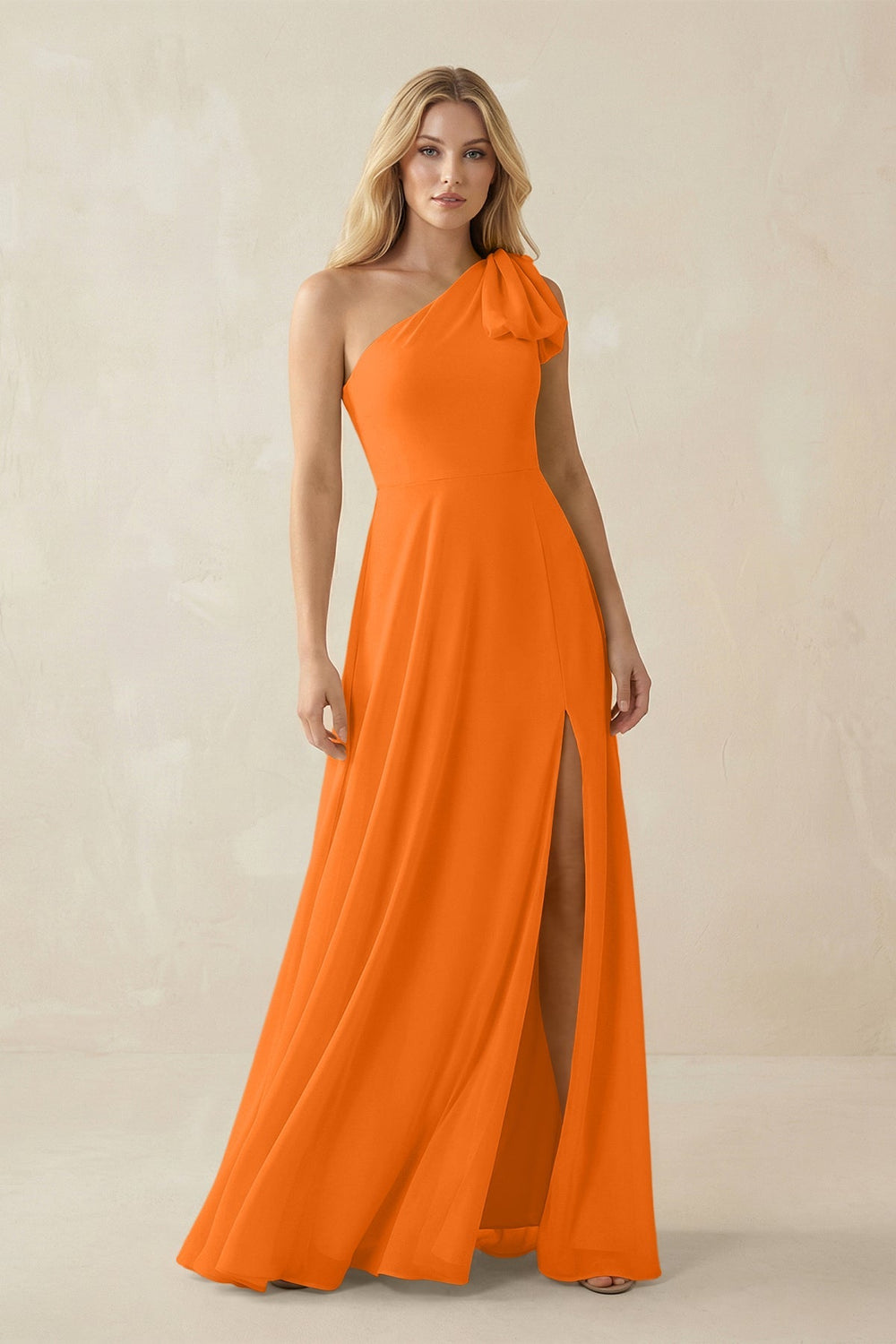 Ruffled One Shoulder Chiffon Bridesmaid Dress With Slit in Cinnamon - KISS BRIDAL BRIDESMAID DRESSES