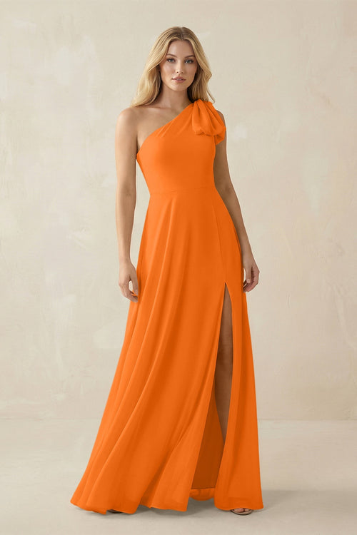 Ruffled One Shoulder Chiffon Bridesmaid Dress With Slit in Cinnamon - SHE IS ME BRIDESMAID DRESSES