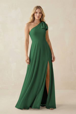 Ruffled One Shoulder Chiffon Bridesmaid Dress With Slit in Dark Green - SHE IS ME BRIDESMAID DRESSES