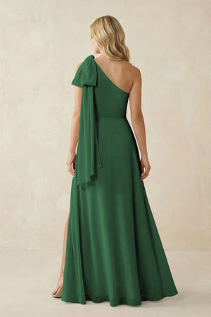 Ruffled One Shoulder Chiffon Bridesmaid Dress With Slit in Dark Green - SHE IS ME BRIDESMAID DRESSES