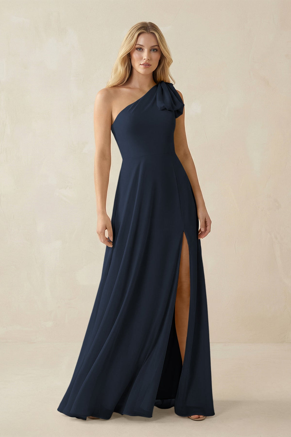 Ruffled One Shoulder Chiffon Bridesmaid Dress With Slit in Dark Navy - KISS BRIDAL BRIDESMAID DRESSES