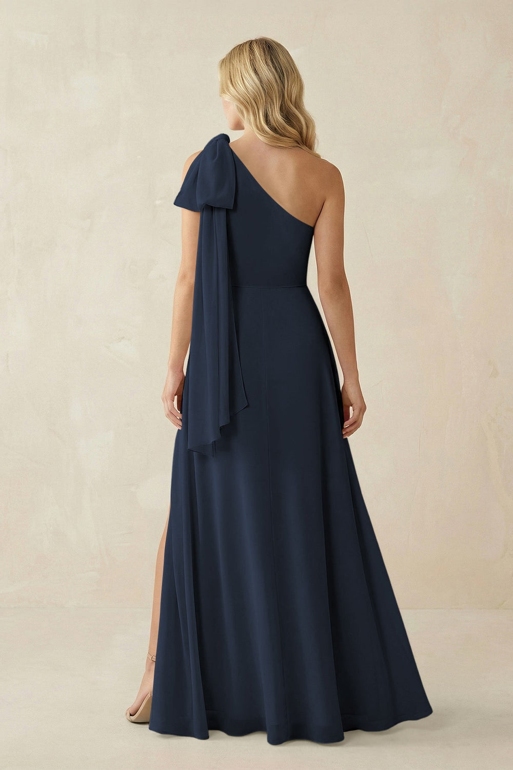 Ruffled One Shoulder Chiffon Bridesmaid Dress With Slit in Dark Navy - KISS BRIDAL BRIDESMAID DRESSES