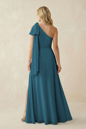 Ruffled One Shoulder Chiffon Bridesmaid Dress With Slit in Dark Teal - SHE IS ME BRIDESMAID DRESSES