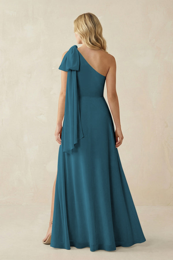 Ruffled One Shoulder Chiffon Bridesmaid Dress With Slit in Dark Teal - SHE IS ME BRIDESMAID DRESSES