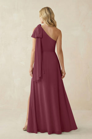 Ruffled One Shoulder Chiffon Bridesmaid Dress With Slit in Desert Rose (2) | KISSBRIDAL