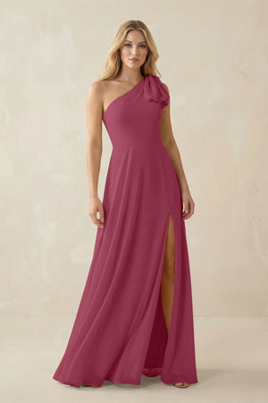 Ruffled One Shoulder Chiffon Bridesmaid Dress With Slit in Desert Rose - SHE IS ME BRIDESMAID DRESSES
