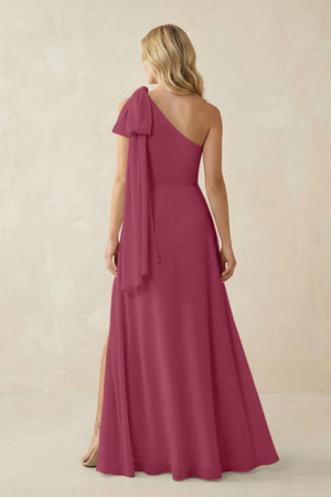 Ruffled One Shoulder Chiffon Bridesmaid Dress With Slit in Desert Rose - SHE IS ME BRIDESMAID DRESSES