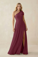 Ruffled One Shoulder Chiffon Bridesmaid Dress With Slit in Desert Rose | KISSBRIDAL