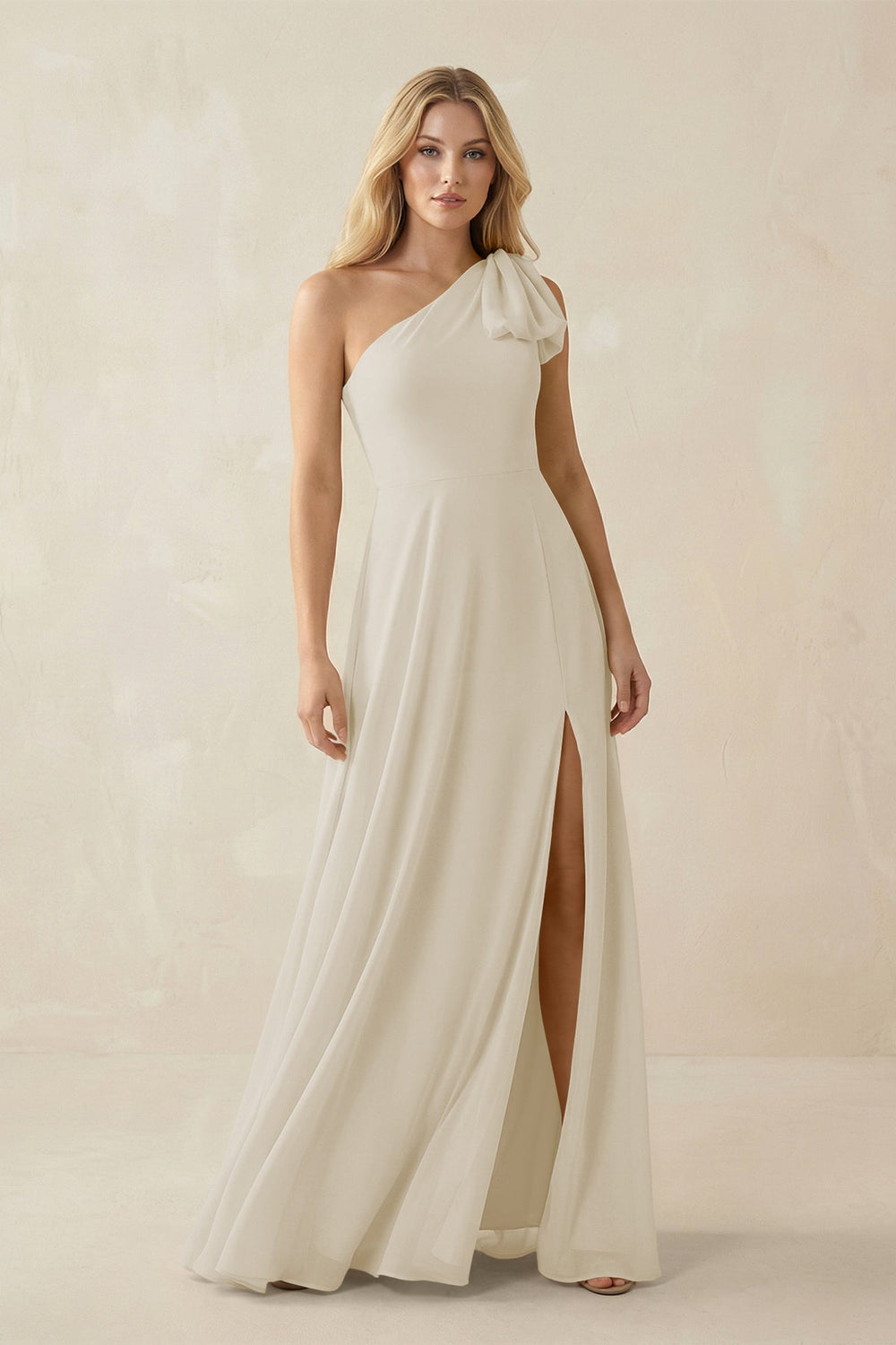 Ruffled One Shoulder Chiffon Bridesmaid Dress With Slit in Dove Gray - KISS BRIDAL BRIDESMAID DRESSES