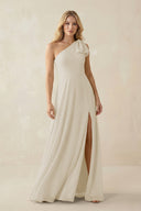 Ruffled One Shoulder Chiffon Bridesmaid Dress With Slit in Dove Gray - SHE IS ME BRIDESMAID DRESSES