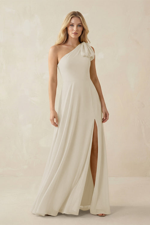 Ruffled One Shoulder Chiffon Bridesmaid Dress With Slit in Dove Gray - SHE IS ME BRIDESMAID DRESSES