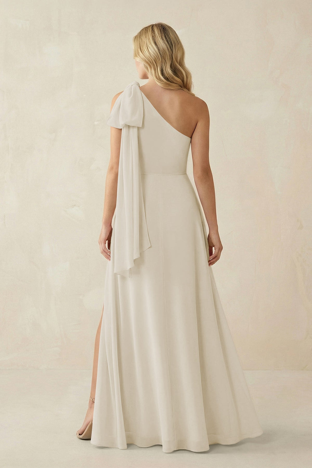 Ruffled One Shoulder Chiffon Bridesmaid Dress With Slit in Dove Gray - KISS BRIDAL BRIDESMAID DRESSES