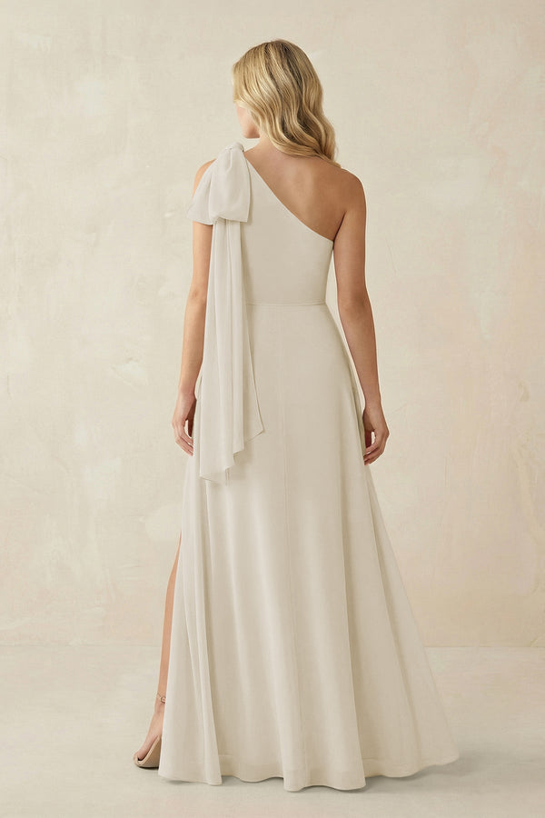 Ruffled One Shoulder Chiffon Bridesmaid Dress With Slit in Dove Gray - SHE IS ME BRIDESMAID DRESSES