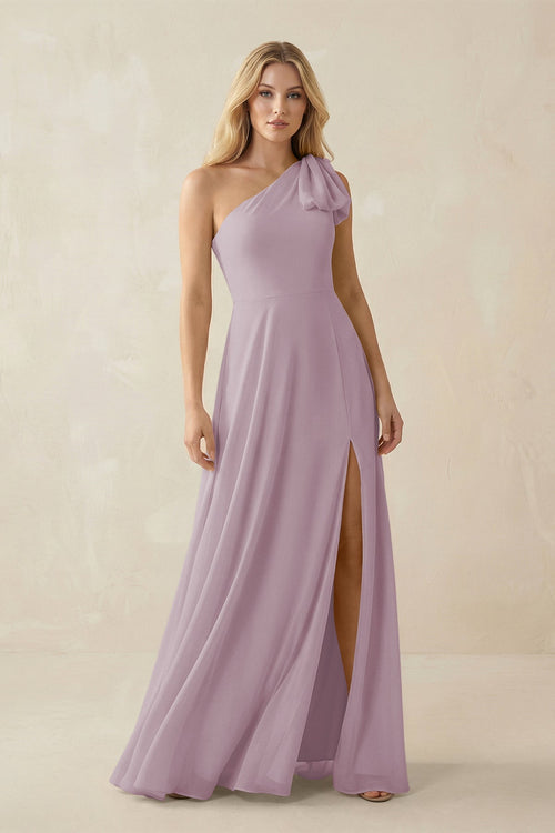Ruffled One Shoulder Chiffon Bridesmaid Dress With Slit in Dusk - SHE IS ME BRIDESMAID DRESSES