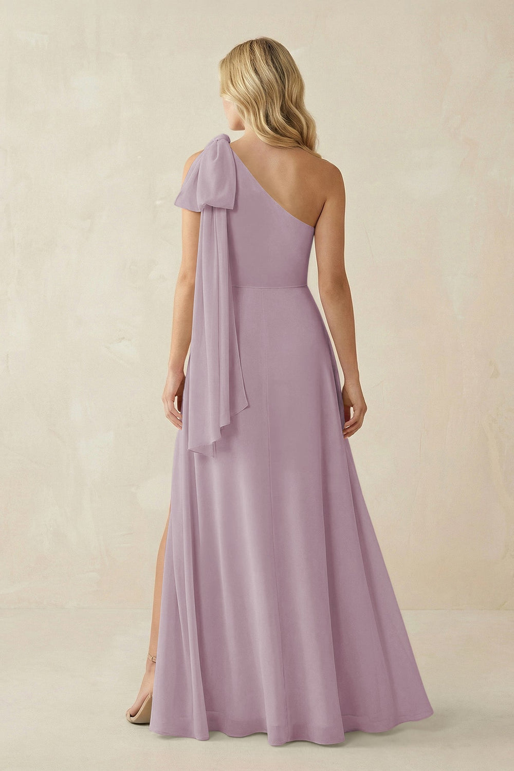 Ruffled One Shoulder Chiffon Bridesmaid Dress With Slit in Dusk - KISS BRIDAL BRIDESMAID DRESSES