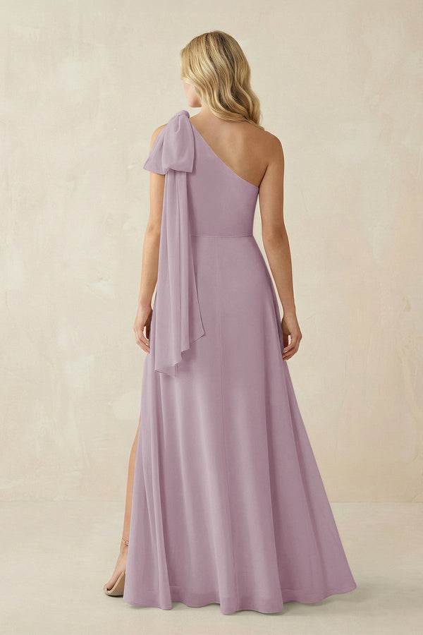 Ruffled One Shoulder Chiffon Bridesmaid Dress With Slit in Dusk - SHE IS ME BRIDESMAID DRESSES