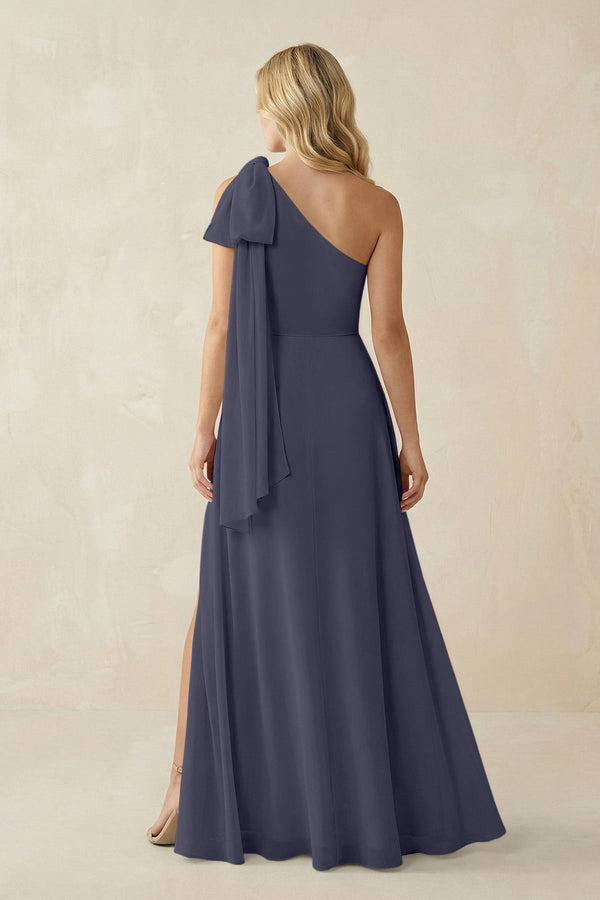 Ruffled One Shoulder Chiffon Bridesmaid Dress With Slit in Dusk Blue - SHE IS ME BRIDESMAID DRESSES
