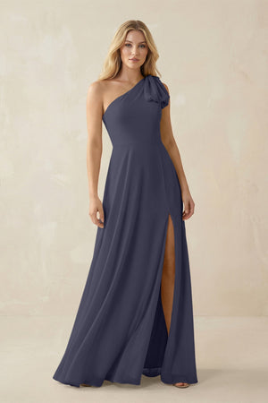 Ruffled One Shoulder Chiffon Bridesmaid Dress With Slit in Dusk Blue - SHE IS ME BRIDESMAID DRESSES