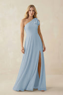 Ruffled One Shoulder Chiffon Bridesmaid Dress With Slit in Dusty Blue - SHE IS ME BRIDESMAID DRESSES
