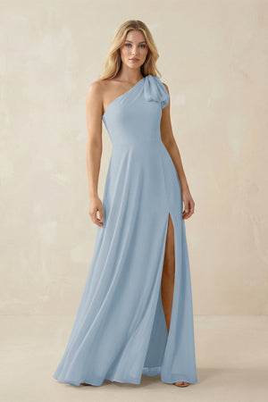 Ruffled One Shoulder Chiffon Bridesmaid Dress With Slit in Dusty Blue - SHE IS ME BRIDESMAID DRESSES