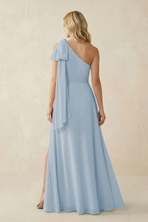 Ruffled One Shoulder Chiffon Bridesmaid Dress With Slit in Dusty Blue - SHE IS ME BRIDESMAID DRESSES