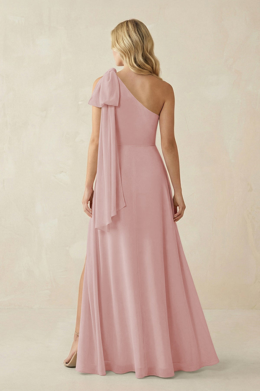 Ruffled One Shoulder Chiffon Bridesmaid Dress With Slit in Dusty Rose - KISS BRIDAL BRIDESMAID DRESSES