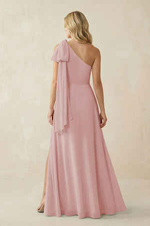 Ruffled One Shoulder Chiffon Bridesmaid Dress With Slit in Dusty Rose - SHE IS ME BRIDESMAID DRESSES