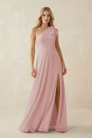 Ruffled One Shoulder Chiffon Bridesmaid Dress With Slit in Dusty Rose - SHE IS ME BRIDESMAID DRESSES