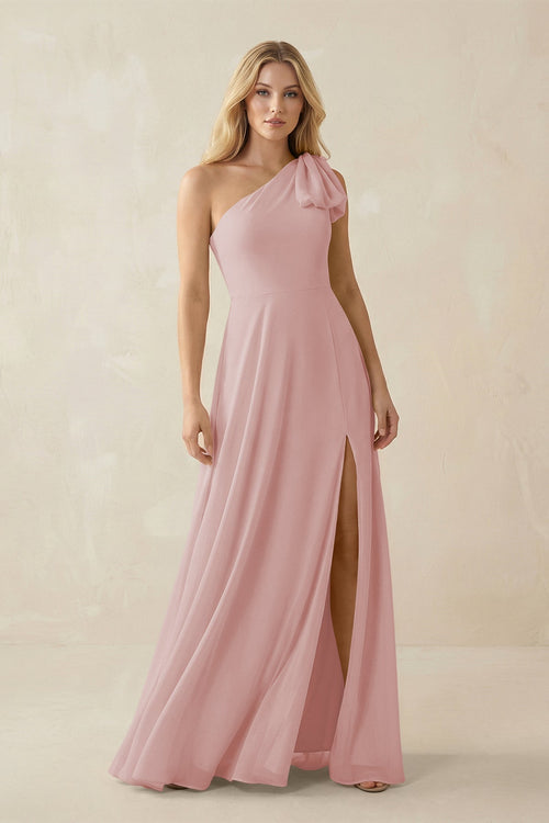 Ruffled One Shoulder Chiffon Bridesmaid Dress With Slit in Dusty Rose - SHE IS ME BRIDESMAID DRESSES