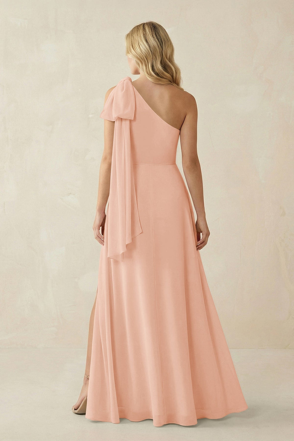 Ruffled One Shoulder Chiffon Bridesmaid Dress With Slit in English Rose - KISS BRIDAL BRIDESMAID DRESSES