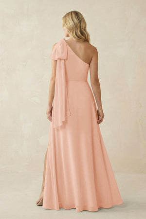 Ruffled One Shoulder Chiffon Bridesmaid Dress With Slit in English Rose - SHE IS ME BRIDESMAID DRESSES
